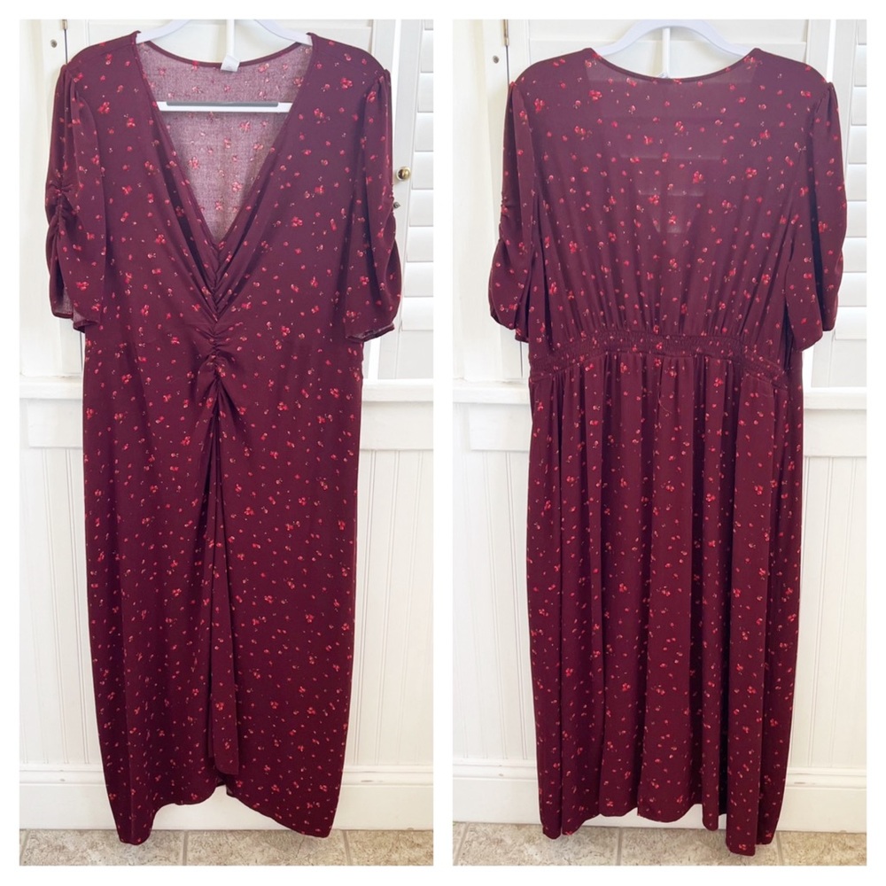 Old Navy Burgundy & Red Mini Floral Short Sleeve Puff Sleeve Maxi Dress Size 2X